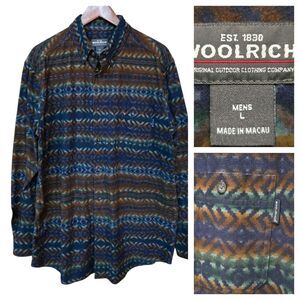 Woolrich Mens Aztec Southwestern Flannel Button Down Shirt L Navy Blanket Stripe